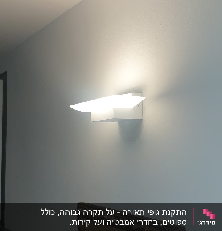 מנורת קיר מוארת על קיר לבן